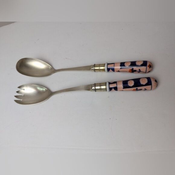 Antique Imari Porcelain Handle Salad Servers – Fork & Spoon Set – Early 1900s - Picture 3 of 8